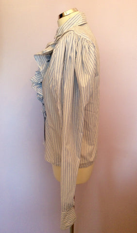 Vintage Droopy & Browns Blue & White Stripe Frill Front Cotton Shirt Size 10 - Whispers Dress Agency - Sold - 2