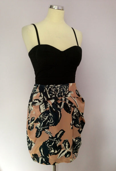 Lipsy Black Corset Top & Pink Satin Floral Print Skirt Mini Dress Size 10 - Whispers Dress Agency - Sold - 1