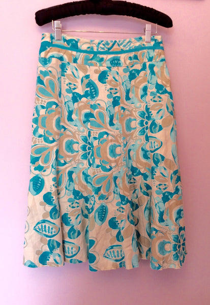 Per Una Turquoise & Beige Print Linen Skirt Size 8 - Whispers Dress Agency - Womens Skirts