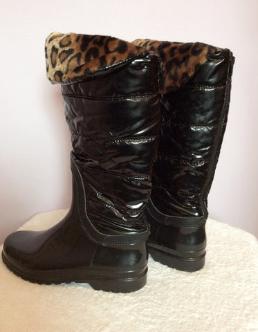 Leopard Print Faux Fur Trim Black Wellington/Rain Boots Size 6/39 - Whispers Dress Agency - Sold - 2