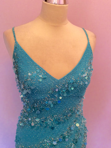Yve London Turquoise Silk Beaded & Sequinned Cocktail Dress Size Small - Whispers Dress Agency - Womens Dresses - 2