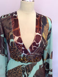 Kasike Mint Green & Brown Print Floaty Sleeve Dress Size 1 UK 10/12 - Whispers Dress Agency - Sold - 2
