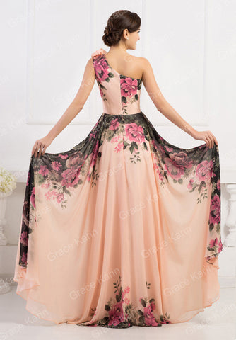 Brand New Grace Karin Peach Floral One Shoulder Chiffon Ballgown Size 16 Fit 14 - Whispers Dress Agency - Womens Eveningwear - 5