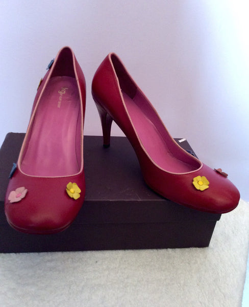 Kurt Geiger Dark Red Leather Flower Trim Heels Size 7.5/41 - Whispers Dress Agency - Sold - 1