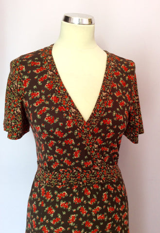 Laura Ashley Dark Brown & Red Floral Print Stretch Jersey Dress Size 8 - Whispers Dress Agency - Womens Dresses - 2