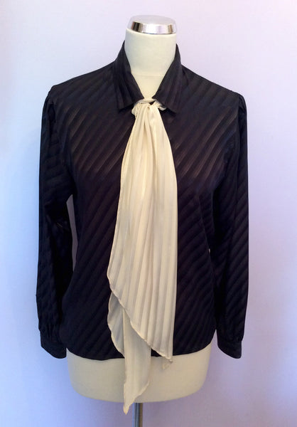 Vintage Jaeger Navy Blue Stripe & Ivory Scarf Blouse Size 32" Approx UK 10 - Whispers Dress Agency - Sold