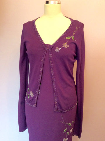 Edina Purple Embroidered & Beaded Silk Dress & Matching Cardigan Size 10/S - Whispers Dress Agency - Sold - 3