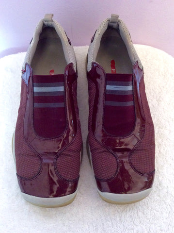 Prada Grey & Burgundy Patent Leather Trim Trainers Size 4/37 - Whispers Dress Agency - Sold - 1