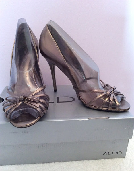 Aldo Pewter Leather Peeptoe Strappy Heels Size 4/37 - Whispers Dress Agency - Womens Heels - 1