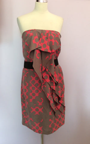 Reiss Pink & Brown Print Strapless Silk Eva Dress Size 14 - Whispers Dress Agency - Womens Dresses - 1