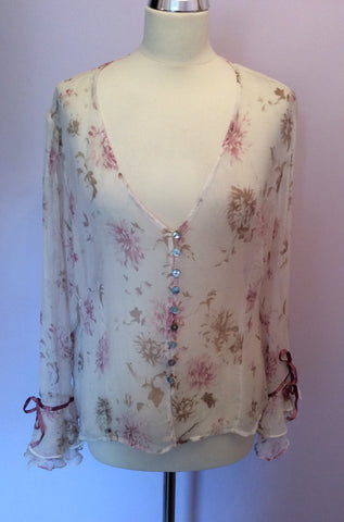 Pretty Ivory & Pink / Beige Floral Print Sheer Silk Blouse Size 16 - Whispers Dress Agency - Sold - 1