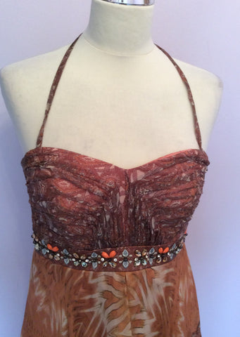 Monsoon Brown & Apricot Print Silk Halterneck Maxi Dress Size 10 - Whispers Dress Agency - Sold - 2
