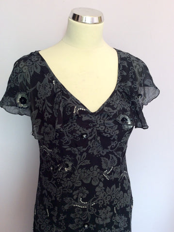 LK Bennett Black & Grey Print Sequin Trim Silk Dress Size 12 - Whispers Dress Agency - Sold - 2