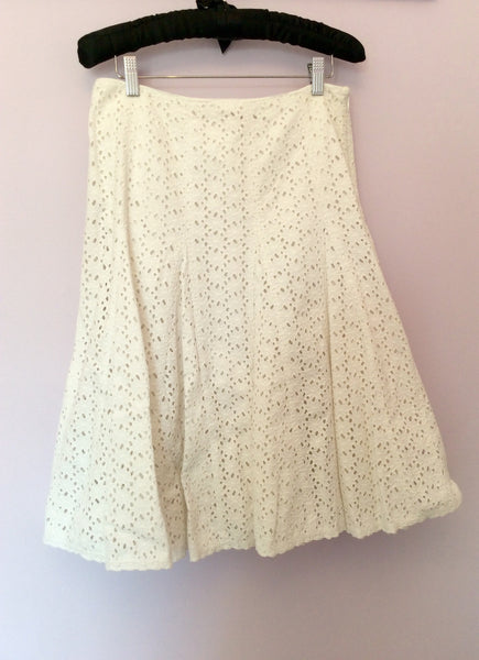 Monsoon White Broidery Anglaise Cotton Knee Length Skirt Size 10 - Whispers Dress Agency - Womens Skirts