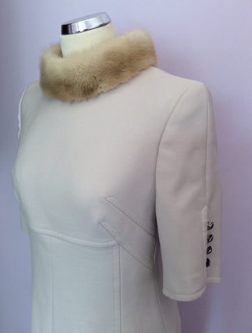 Escada Beige Wool Pencil Dress With Mink Fur Collar Size 38, UK 10 - Whispers Dress Agency - Sold - 3