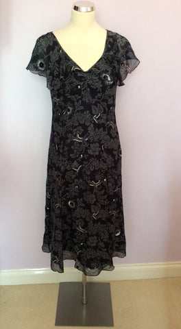LK Bennett Black & Grey Print Sequin Trim Silk Dress Size 12 - Whispers Dress Agency - Sold - 1