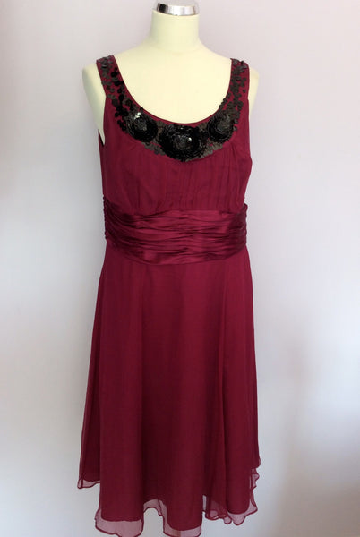 BRAND NEW MONSOON CRANBERRY & BLACK BEAD & SEQUIN TRIM SILK DRESS SIZE 14 - Whispers Dress Agency - Sold - 1