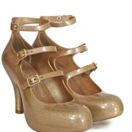 BRAND NEW VIVIENNE WESTWOOD GOLD GLITTER 3 STRAP HEELS SIZE 6/39 - Whispers Dress Agency - Sold - 1