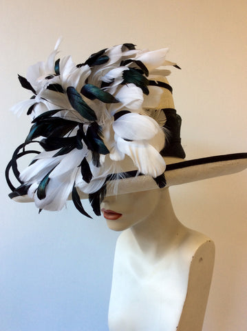 NIGEL RAYMENT BLACK & IVORY/WHITE WIDE BRIM FEATHER TRIM FORMAL HAT - Whispers Dress Agency - Sold - 5