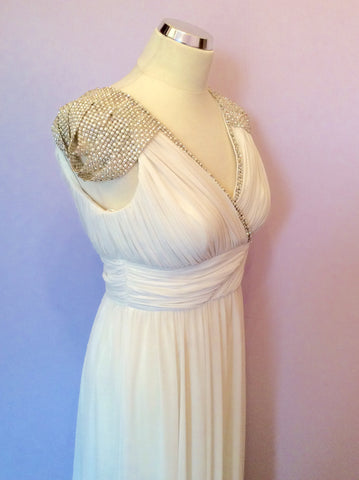 PRETTY DRESS LONG WHITE PEARL & DIAMANTÉ GRECIAN STYLE EVENING DRESS SIZE 10 - Whispers Dress Agency - Womens Eveningwear - 4