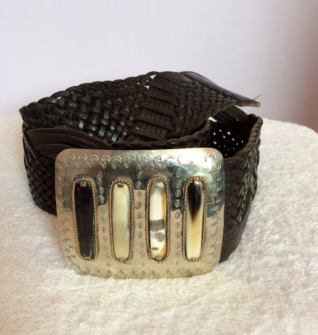 Wide Black Leather Plaited Silver Plate Belt One Size - Whispers Dress Agency - Womens Belts