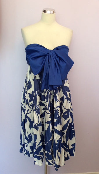 VINTAGE JAEGER BLUE & WHITE PRINT STRAPLESS COTTON DRESS SIZE UK 10/12 - Whispers Dress Agency - Womens Vintage - 1