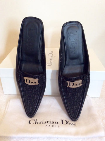Christian Dior Black Leather & Canvas Slip On Mules Size 4/37 - Whispers Dress Agency - Sold - 2