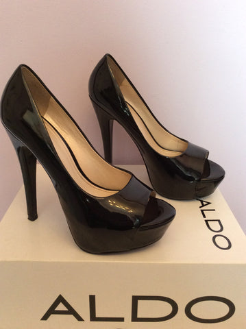 Aldo Black Patent Leather Platform Sole Peeptoe Heels Size 4/37 - Whispers Dress Agency - Womens Heels - 2