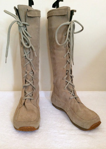 RIZZO BEIGE SUEDE KNEE LENGTH LACE UP FLAT BOOTS SIZE 6/39 - Whispers Dress Agency - Womens Boots - 1