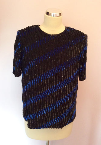 DEBUT BLACK & BLUE SEQUINNED SHORT SLEEVE TOP SIZE 12 - Whispers Dress Agency - Womens Tops - 1