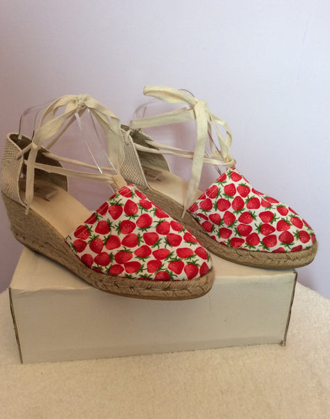 Kurt Geiger Red & White Strawberry Print Wedge Sandals Size 7.5/41 - Whispers Dress Agency - Womens Wedges - 1
