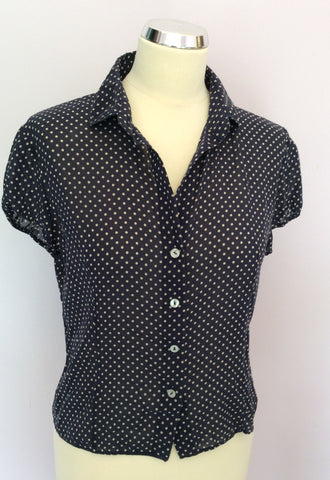 Hobbs Navy Blue & Beige Spot Silk Cap Sleeve Blouse Size 14 - Whispers Dress Agency - Sold - 1