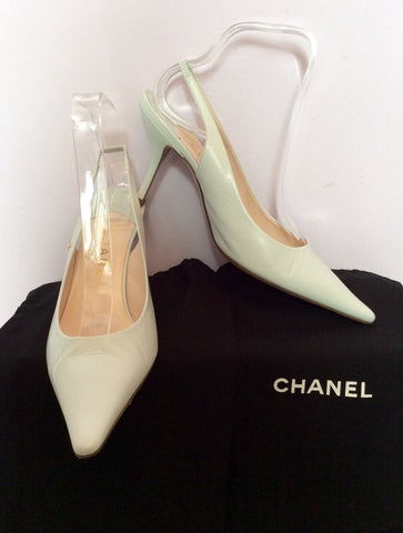 Brand New Chanel Palest Blue Leather Slingback Heels Size 5.5/38.5 - Whispers Dress Agency - Sold - 1