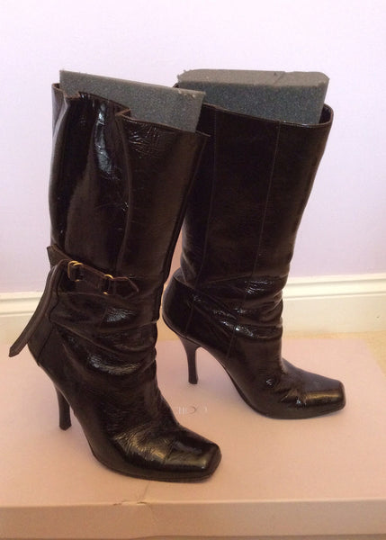 Jimmy Choo Brown Crushed Patent Leather Calf Length Boots Size 5.5 /38.5 - Whispers Dress Agency - Womens Boots - 1