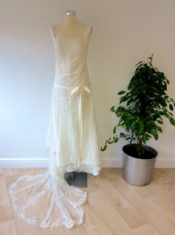 Beautiful Ivory Embroidered & Beaded Lace Wedding Dress With Train Size UK 6/8 - Whispers Dress Agency - Womens Dresses - 1