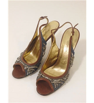 Dolce & Gabbana Tan Leather & Blue Denim Jewel Trim Slingback Heels Size 5.5/38.5 - Whispers Dress Agency - Womens Sandals - 1