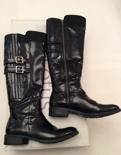 LOTUS BLACK PATENT BUCKLE TRIM KNEE LENGTH BOOTS SIZE 4/37 - Whispers Dress Agency - Womens Boots - 1