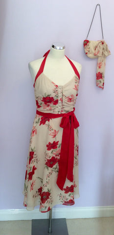 COAST CREAM WITH RED & GREEN FLORAL PRINT SILK DRESS & BAG SIZE 10 - Whispers Dress Agency - Womens Dresses - 1