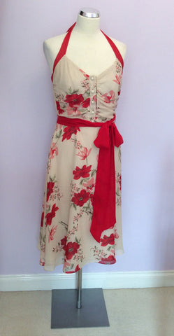 Coast Cream, Red & Green Floral Print Silk Halterneck Dress Size 12 - Whispers Dress Agency - Womens Dresses - 1