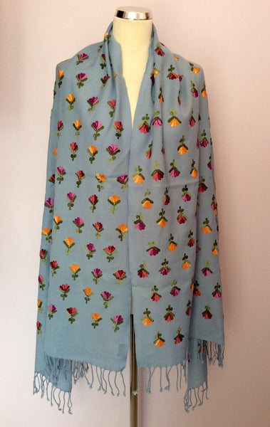 Sky Blue Embroidered Floral Design Wool Wrap - Whispers Dress Agency - Sold - 1