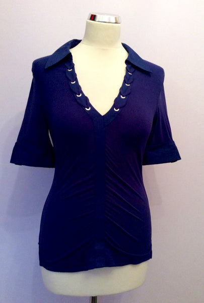 KAREN MILLEN DARK BLUE WITH SILVER TRIM SHORT SLEEVE TOP SIZE 10 - Whispers Dress Agency - Womens Tops - 1