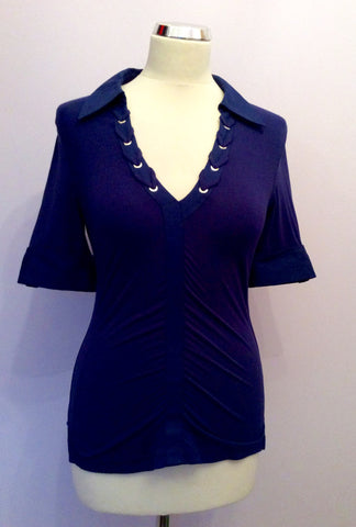 KAREN MILLEN DARK BLUE WITH SILVER TRIM SHORT SLEEVE TOP SIZE 10 - Whispers Dress Agency - Womens Tops - 1