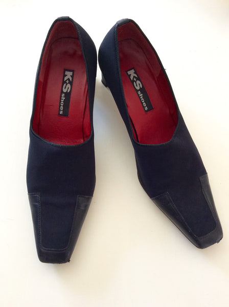 K+S Dark Blue Leather & Textile Court Shoes Size 7/40 - Whispers Dress Agency - Womens Heels - 1
