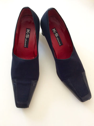K+S Dark Blue Leather & Textile Court Shoes Size 7/40 - Whispers Dress Agency - Womens Heels - 1