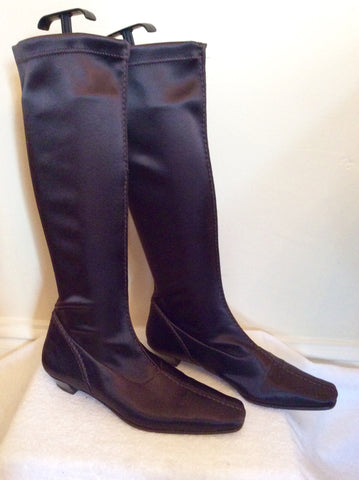 Adolfo Dominguez Brown Satin Stretch Knee High Boots Size 5/38 - Whispers Dress Agency - Womens Boots - 1