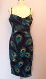 Karen Millen Dark Blue Peacock Print Dress Size 14 - Whispers Dress Agency - Sold - 1