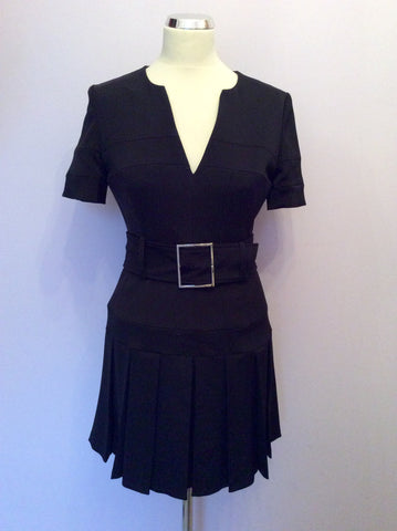 Karen Millen Black Short Sleeve Belted Pleated Skirt Dress Size 10 - Whispers Dress Agency - Sold - 1