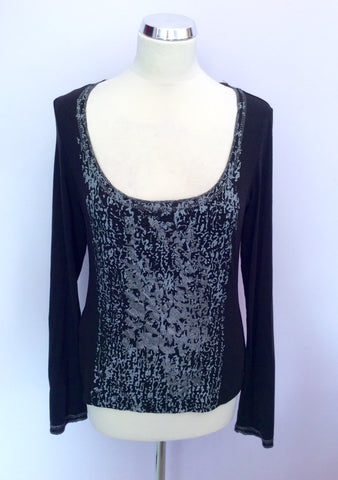 Isabel De Pedro Black With Silver & Grey Print Long Sleeve Top Size 14 - Whispers Dress Agency - Womens Tops - 1