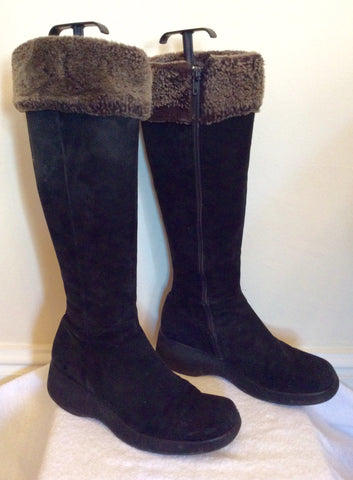 Jigsaw Black Suede Knee High Faux Fur Trim Boots Size 6/39 - Whispers Dress Agency - Womens Boots - 1