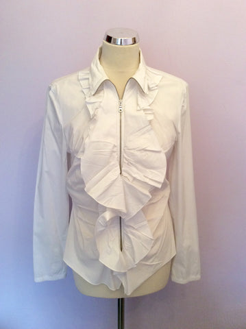 Marccain White Frill Front Zip Up Shirt Size N4 UK 12/14 - Whispers Dress Agency - Womens Shirts & Blouses - 1